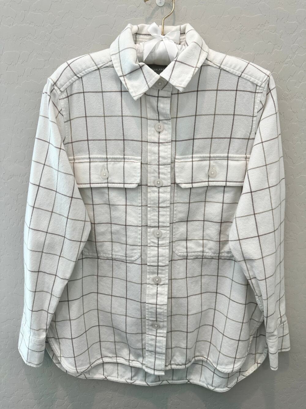 EVERLANE The Classic Cotton Flannel Shirt Oversized White Brown Grid Plaid XS